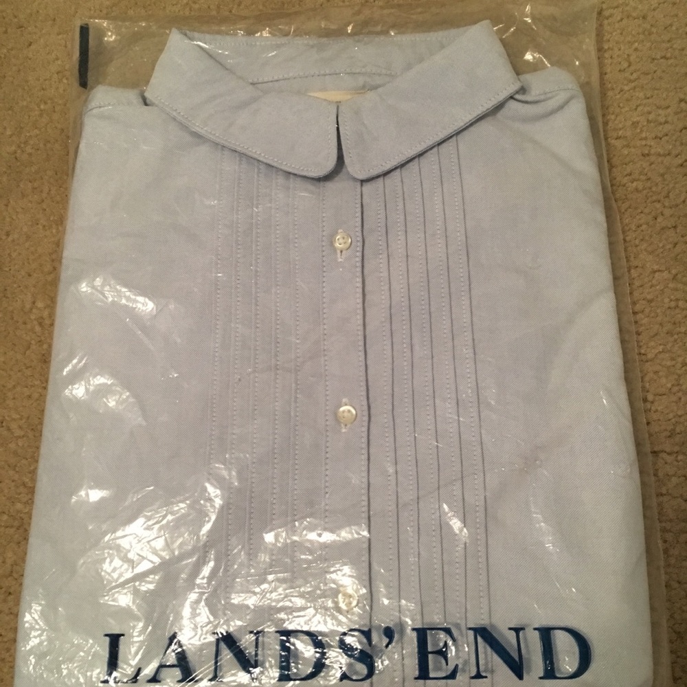 Lands’ End Pintuck Blue Dress Shirt Girl 16 NIP